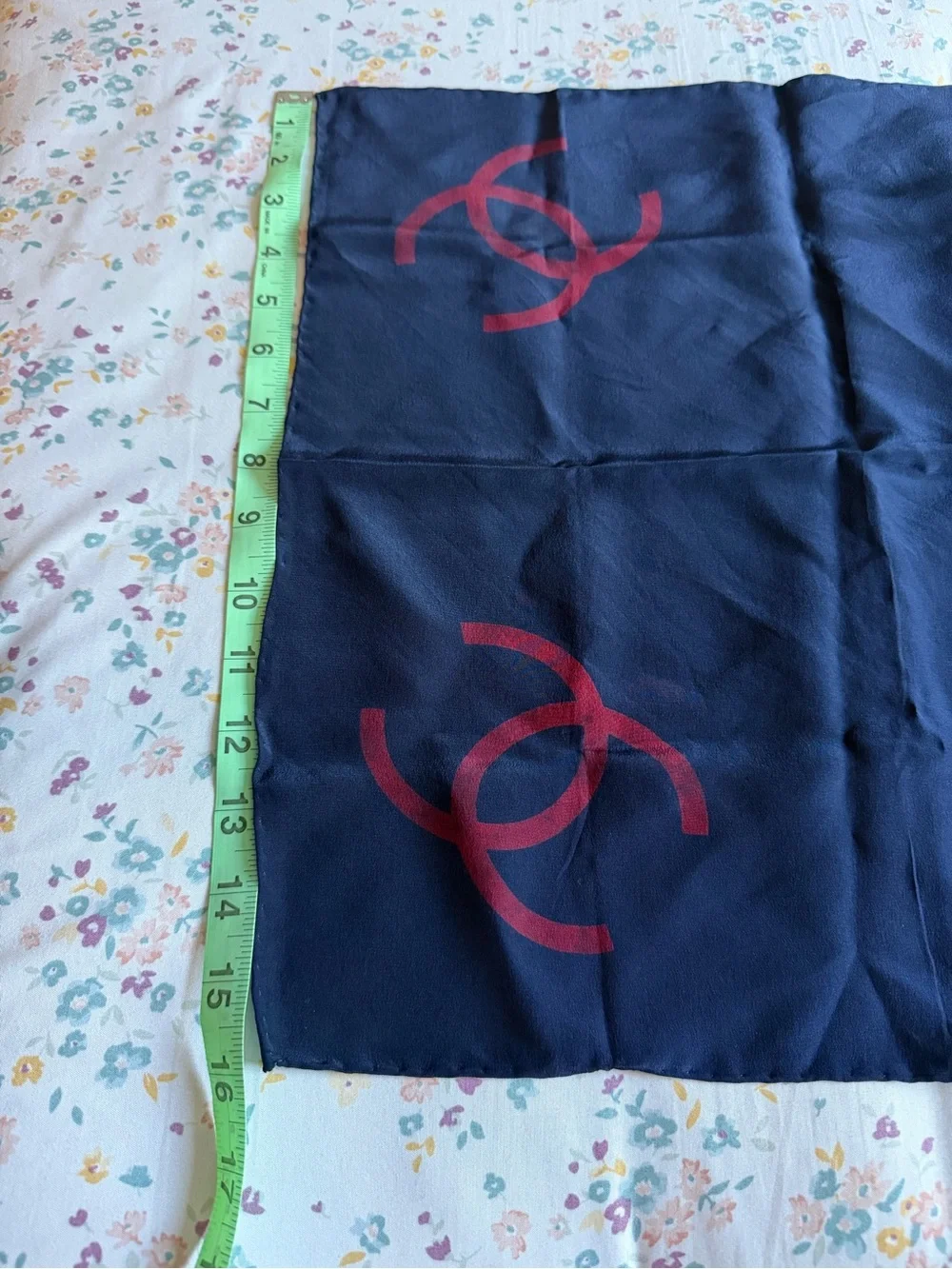 CHANEL Navy Silk Square Scarf with Burgundy Interlocking CCs
